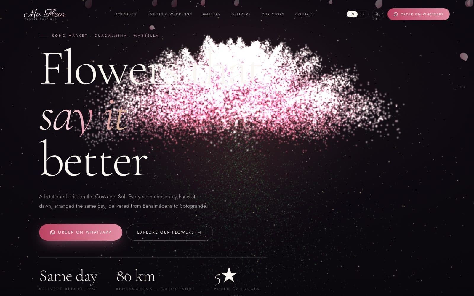 Ma Fleur florist website — 3D particle hero, bilingual navigation and same-day delivery messaging