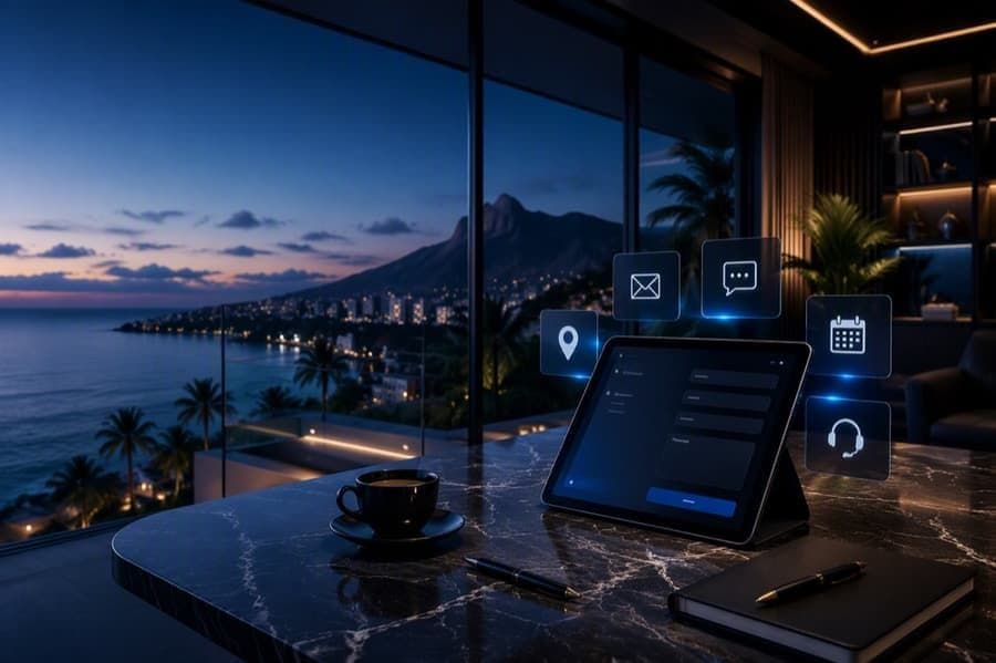 AI Concierge assistant interface with messaging, scheduling, and support channels