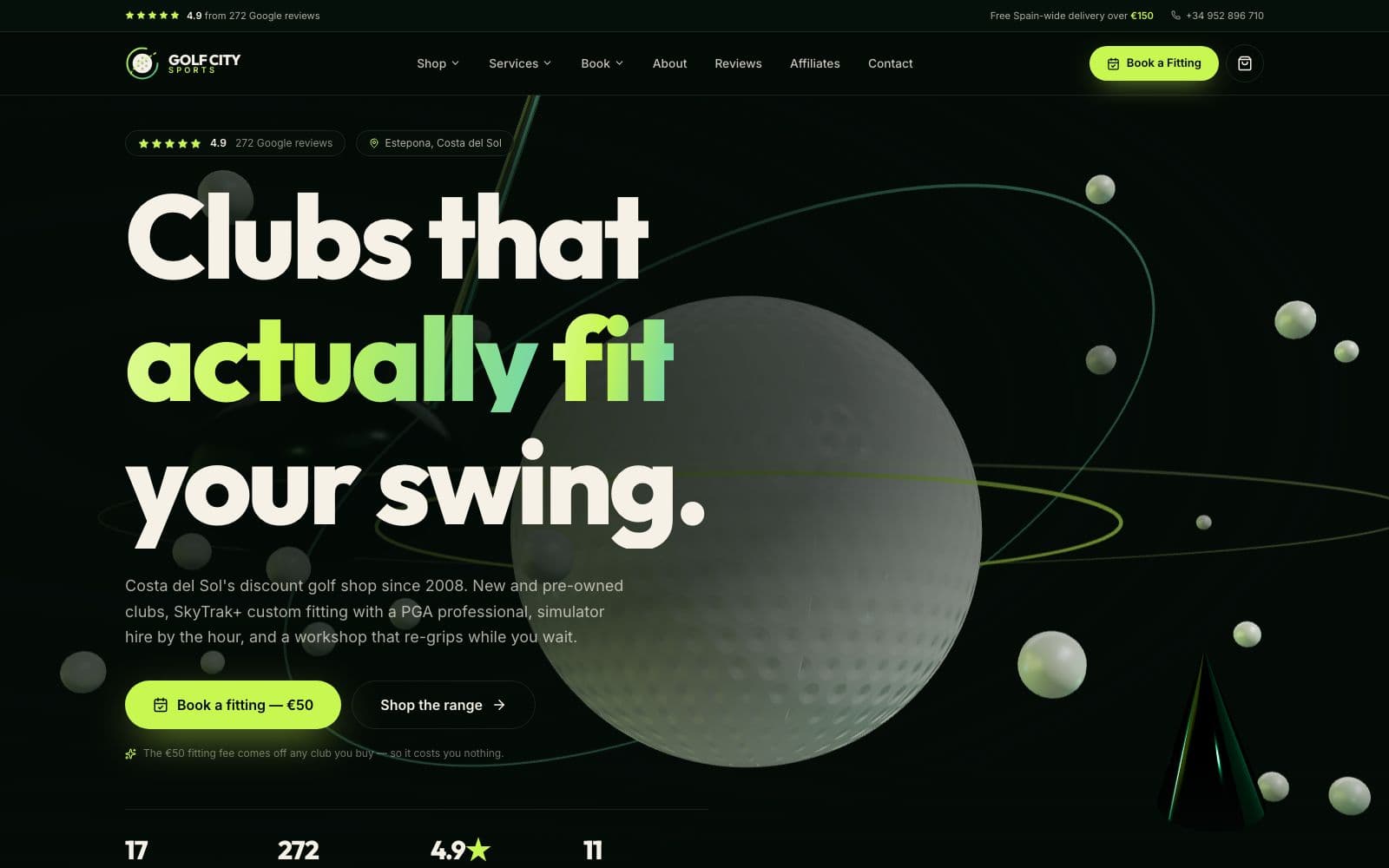 Golf City Sports dark concept homepage with golf equipment, service sections and a custom fitting call to action