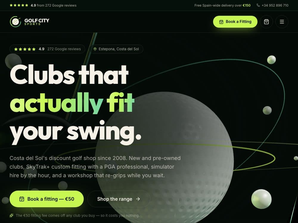 Golf City Sports dark website concept showing a premium golf shop, custom fitting and simulator experience in Estepona
