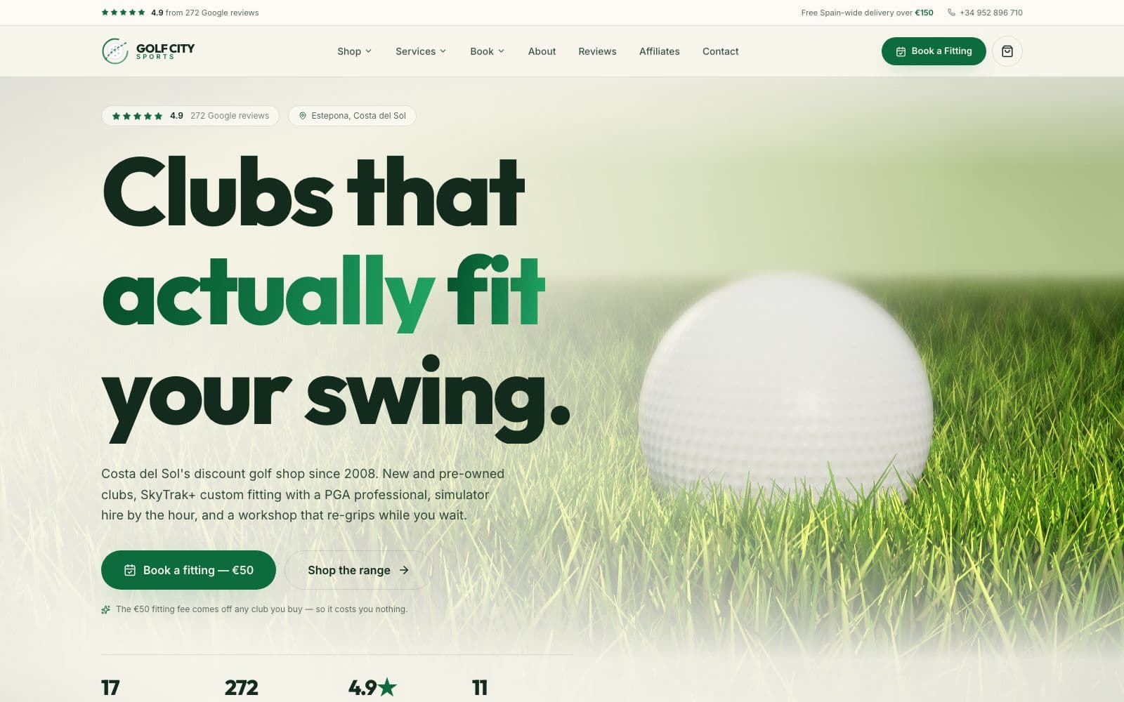 Golf City Sports editorial concept homepage with golf services, premium equipment and an Estepona location focus