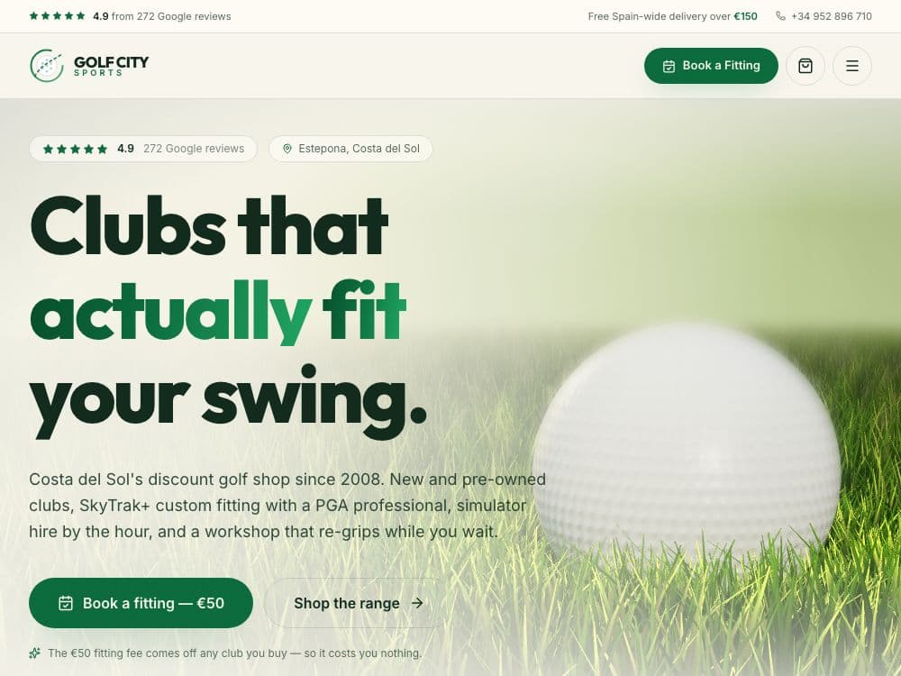 Golf City Sports editorial website concept for a golf shop, custom fitting and simulator venue in Estepona