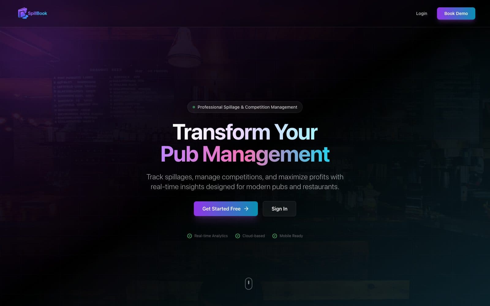 SpillBook homepage: spillage tracking and competition management software for pubs and restaurants