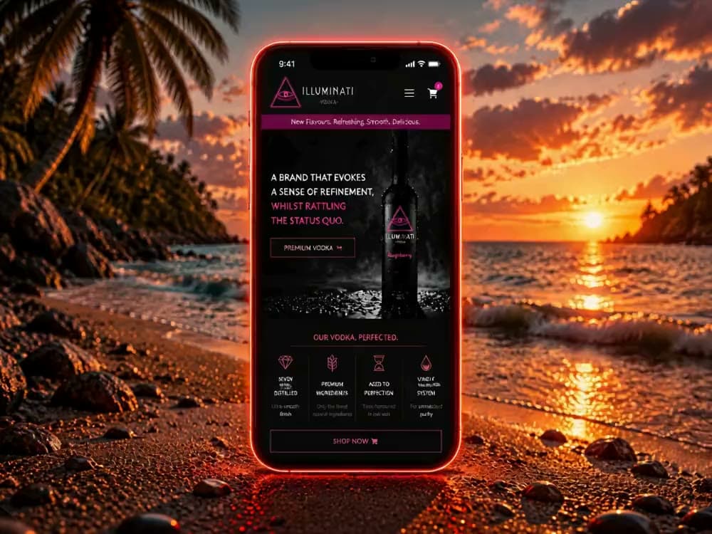 Illuminati Vodka brand website presenting full-viewport product photography