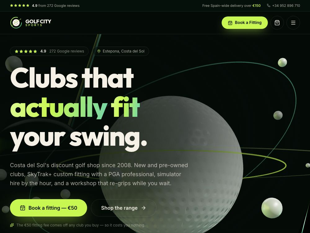 Golf City Sports dark website concept showing a premium golf shop, custom fitting and simulator experience in Estepona