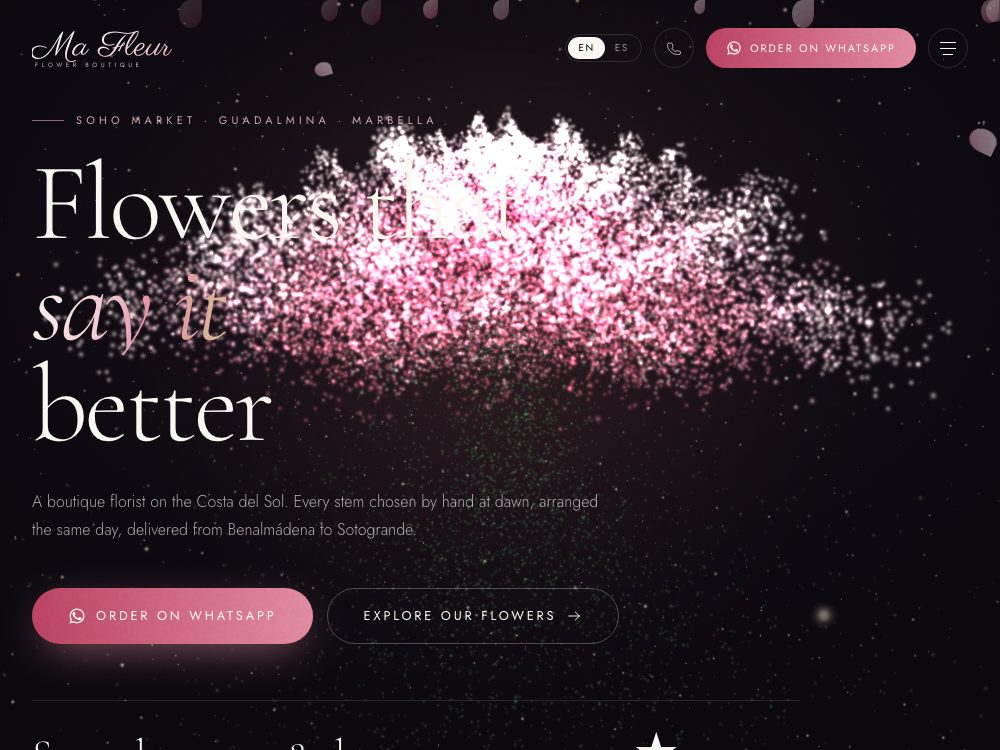Ma Fleur florist website hero with a 3D particle bloom animation and WhatsApp ordering call to action