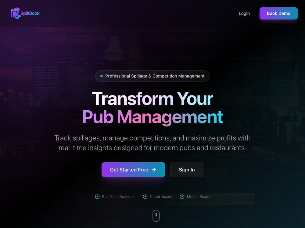 SpillBook spillage tracking software homepage with the headline Transform Your Pub Management